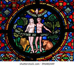DINANT, BELGIUM - OCTOBER 16, 2011: Creation of Adam and Eve, stained glass window in the church of Dinant, Belgium.