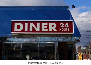 Diner 24 Hours Sign. Mamaroneck, NY/USA - April 8, 2019