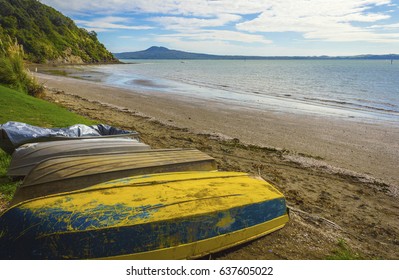 Dinghys At Karaka Bay Beach Auckland New Zealand