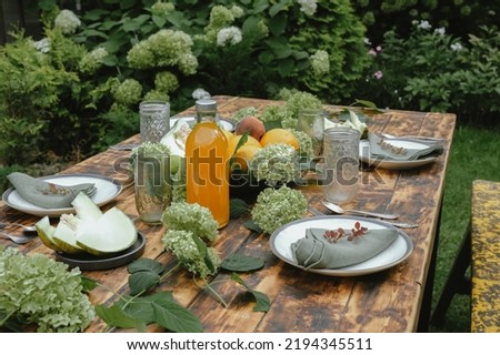 Dining in backyard garden. Summer table set for brunch. Wooden table decorated fresh flowers and fruits. Dining al fresco.