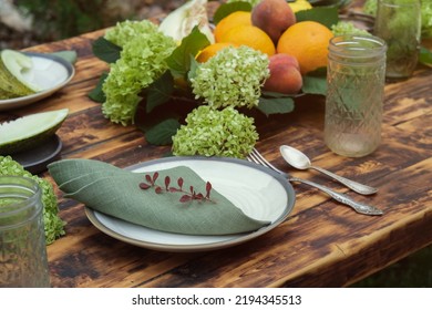 Dining Outside. Summer Table Set For Brunch. Detail Of Served Dining Wooden Table.