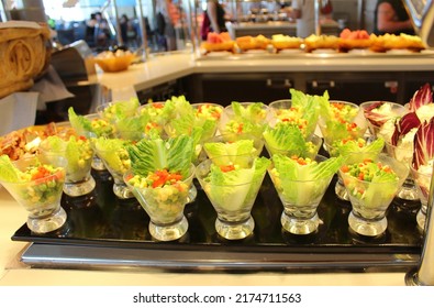 Dining Room Buffet aboard the abstract luxury cruise ship. Selective focus. vegetable dishes - Shutterstock ID 2174711563