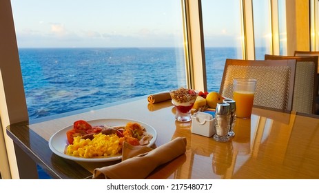 Dining Room Buffet aboard the abstract luxury cruise ship. Healthy breakfast at modern liner concept - Shutterstock ID 2175480717