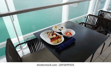 Dining Room Buffet aboard the abstract luxury cruise ship. Healthy food at modern liner concept