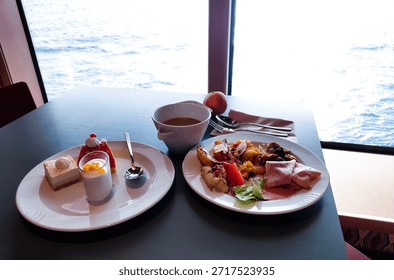 Dining Room Buffet aboard the abstract luxury cruise ship. Healthy food at modern liner concept