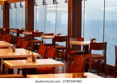 Dining Room Buffet aboard the abstract luxury cruise ship. breakfast with sea view