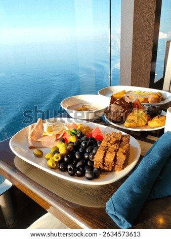 Dining Room Buffet aboard the abstract luxury cruise ship. Healthy breakfast at modern liner concept