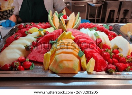 Dining Room Buffet aboard the abstract luxury cruise ship. Healthy breakfast at modern liner concept - fresh fruits