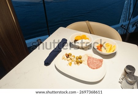Dining Room Buffet aboard the abstract luxury cruise ship. Healthy food at modern liner concept