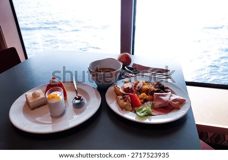 Dining Room Buffet aboard the abstract luxury cruise ship. Healthy food at modern liner concept