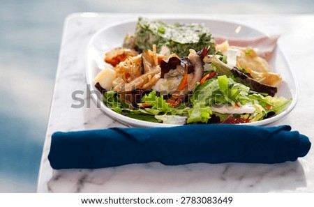 Dining Room Buffet aboard the abstract luxury cruise ship. Healthy food at modern liner concept