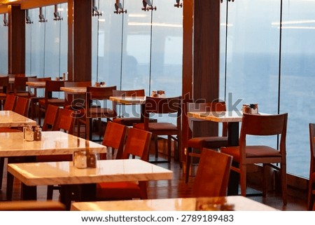 Dining Room Buffet aboard the abstract luxury cruise ship. breakfast with sea view