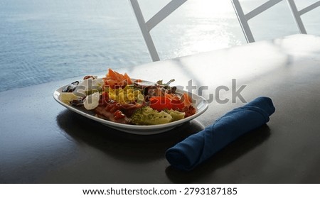 Dining Room Buffet aboard the abstract luxury cruise ship. Healthy food at modern liner concept