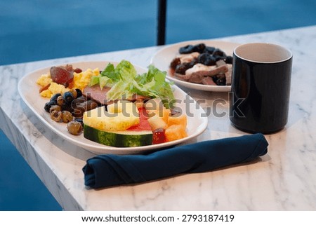 Dining Room Buffet aboard the abstract luxury cruise ship. Healthy food at modern liner concept