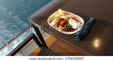 Dining Room Buffet aboard the abstract luxury cruise ship. Healthy food at modern liner concept