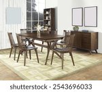 Dining room interior with a table set for 6 with chairs an area rug houseplant on top of hardwood floors chandelier over dining table