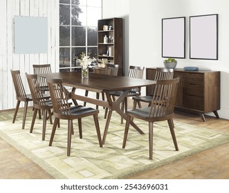 Dining room interior with a table set for 6 with chairs an area rug houseplant on top of hardwood floors chandelier over dining table