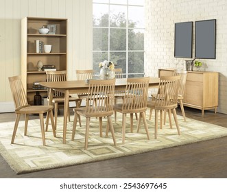 Dining room interior with a table set for 6 with chairs an area rug houseplant on top of hardwood floors chandelier over dining table