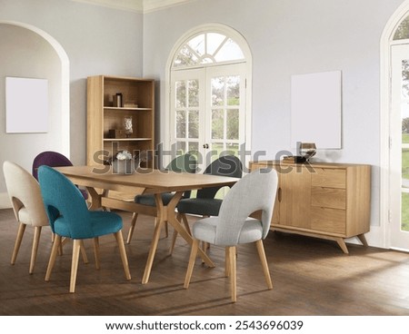 Dining room interior with a table set for 6 with chairs an area rug houseplant on top of hardwood floors chandelier over dining table