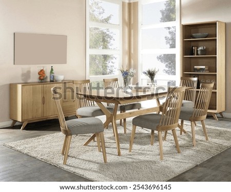 Dining room interior with a table set for 6 with chairs an area rug houseplant on top of hardwood floors chandelier over dining table