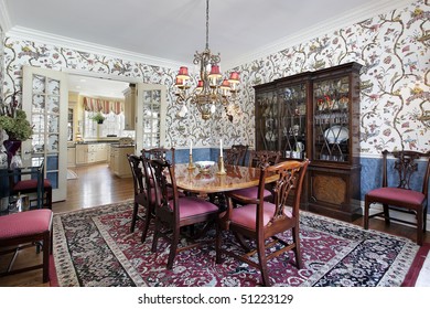 Dining Room In Luxury Home With Floral Wallpaper