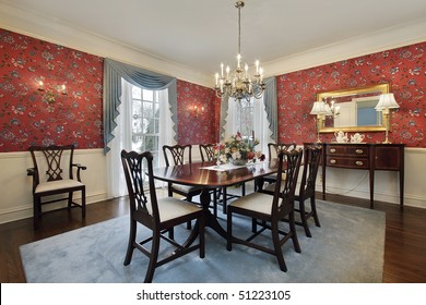 Dining Room In Luxury Home With Red Floral Wallpaper