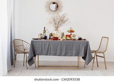 Dining Room Table With Golden Chairs Set For Birthday Party