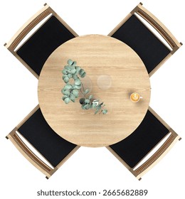 A dining set, viewed from a top-down perspective, featuring a round table with a light white oak wood in 52 cm diameter, designed for four people, with four matching chairs positioned around the table