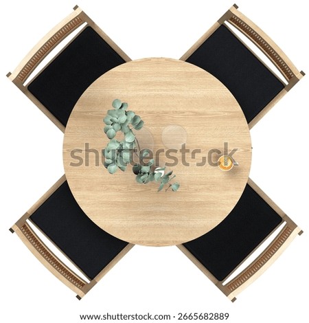 A dining set, viewed from a top-down perspective, featuring a round table with a light white oak wood in 52 cm diameter, designed for four people, with four matching chairs positioned around the table