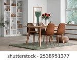 Dining table with dahlia flowers in vase in room