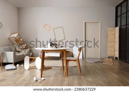 Dining table with fallen vase and flowers in messy room