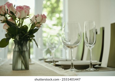Dining Table Setting with Roses and Glasses