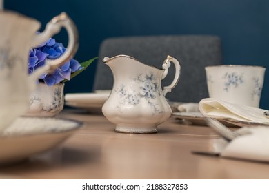 Dining Table, Tablescape Of Bone China Tea Time Set Dishware Ready To Serve