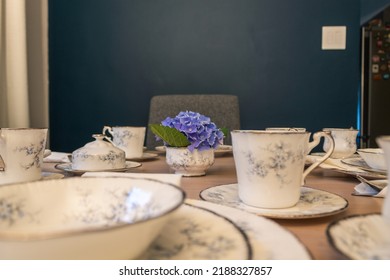 Dining Table, Tablescape Of Bone China Tea Time Set Dishware Ready To Serve