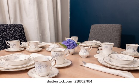 Dining Table, Tablescape Of Bone China Tea Time Set Dishware Ready To Serve