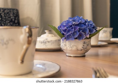 Dining Table, Tablescape Of Bone China Tea Time Set Dishware Ready To Serve