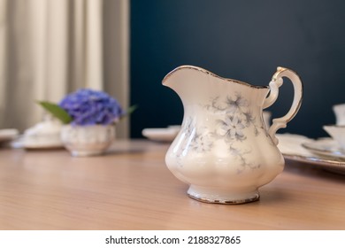 Dining Table, Tablescape Of Bone China Tea Time Set Dishware Ready To Serve