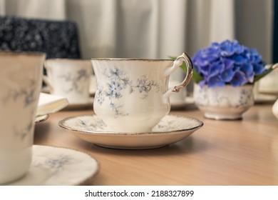 Dining Table, Tablescape Of Bone China Tea Time Set Dishware Ready To Serve