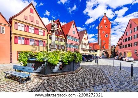 Dinkelsbuhl, Germany. Beautiful small town with traditional colorful houses on Romantic Road route, famous scenics of Bavaria.