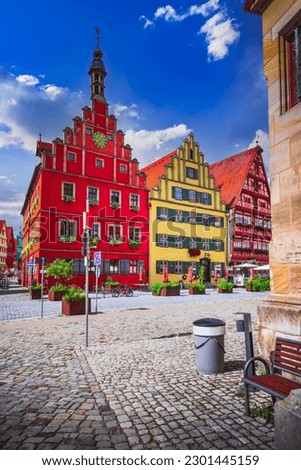 Dinkelsbuhl, Germany. Charming small town with traditional half-trimbered colorful houses on Romantic Road route, famous scenics of Bavaria.