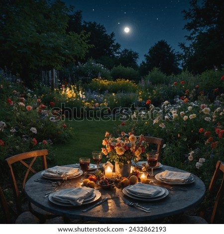 Dinner in a garden full of summer flowers on a moonlight night
