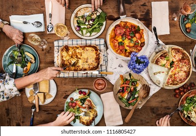 Dinner Party With Homemade Lasagna And Quiche