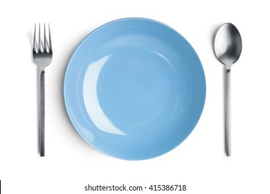 Dinner Place Setting. A Blue Plate With Silver Fork And Spoon Isolated On White Background.