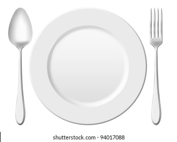 Dinner Place Setting. A White China Plate With Silver Fork And Spoon, Isolated On White Background