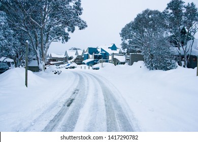 Dinner Plain Village After Fresh Snow On A Clear Winter's Day In Victoria, Australia