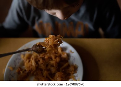 Dinner In A Poor Family. Food For A Poor Child. The Problem Of Poverty And Lack Of Food In The World. Poor But Happy Child.