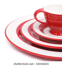 Dinner Set Of Beautiful Red Plates And Cup For Table Service Isolated On White Background