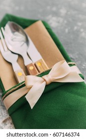  Dinner set. Fork and knife on napkin
