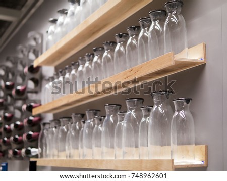Dinner shop, transparent glass bottles