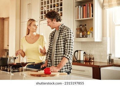 Dinner, talking or couple in the kitchen cooking with healthy food or vegetables for lunch together at home. Support or woman helping or speaking to husband in meal preparation in Sydney, Australia - Powered by Shutterstock